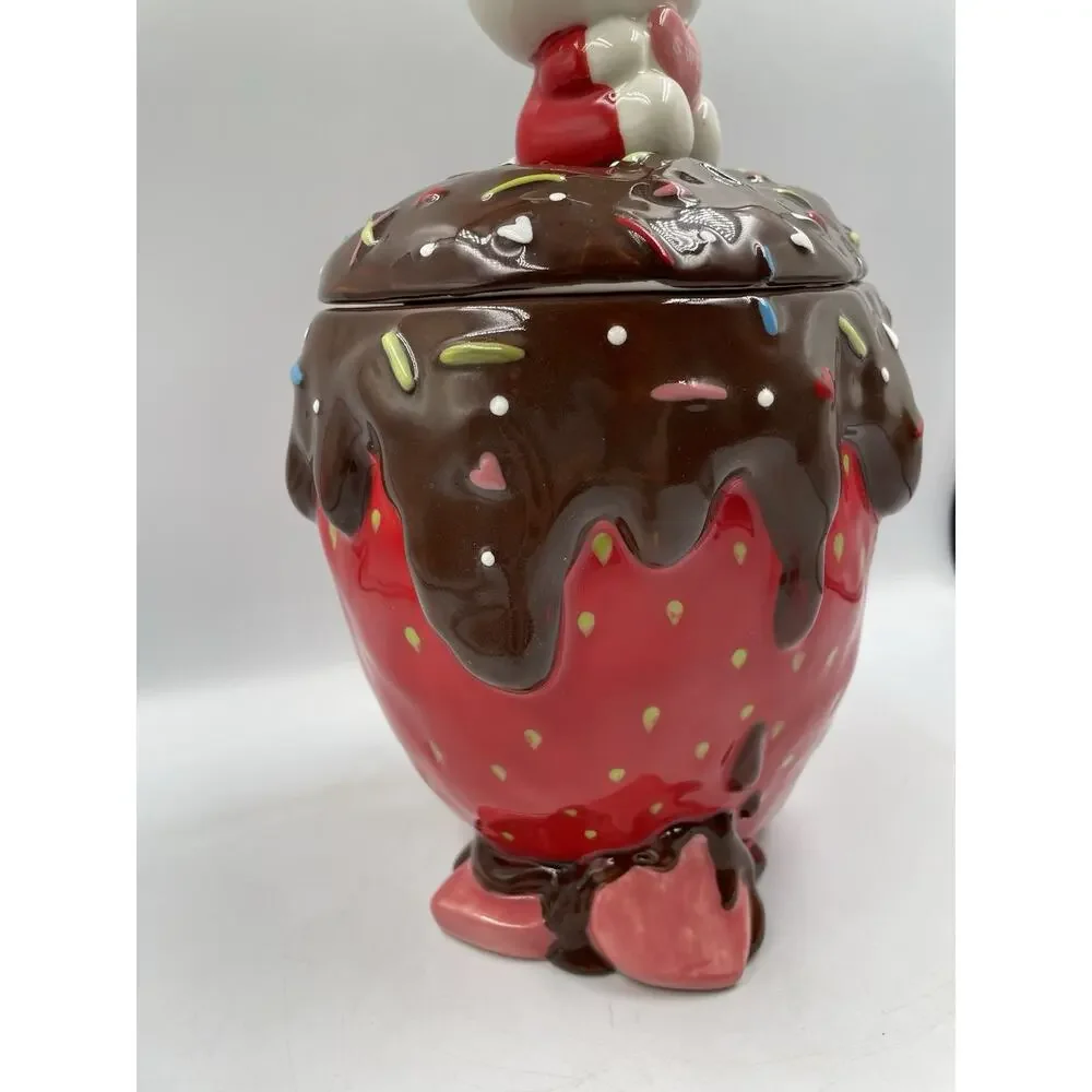 Hello Kitty Cookie Jar Blue Sky Ceramic Chocolate Strawberry With Lid NEW